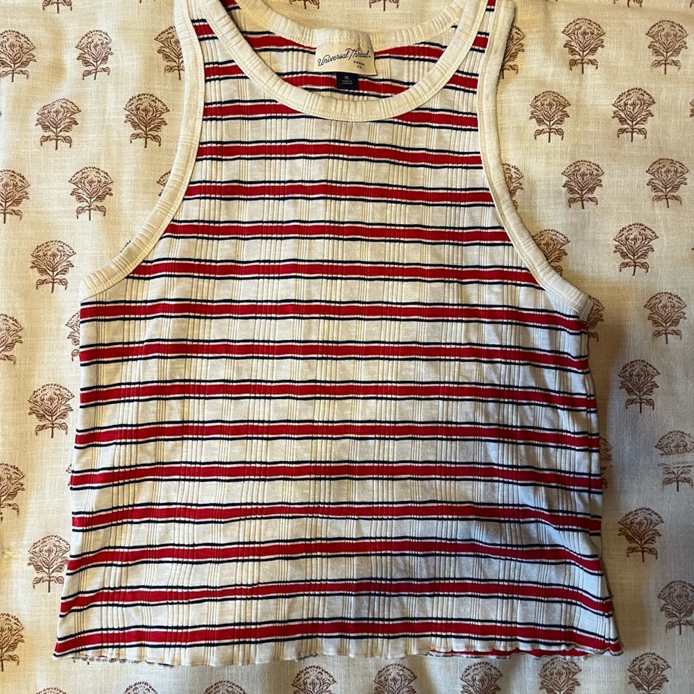 Universal Thread Ribbed Tank with Red, white, and blue stripes.